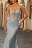 Sky Blue Mermaid Beaded Ruched Strapless Long Corset Prom Dress