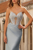 Sky Blue Mermaid Beaded Ruched Strapless Long Corset Prom Dress
