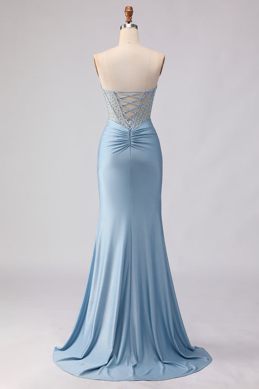 Sky Blue Mermaid Satin Beaded Strapless Long Corset Prom Dress