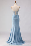 Sky Blue Mermaid Satin Beaded Strapless Long Corset Prom Dress