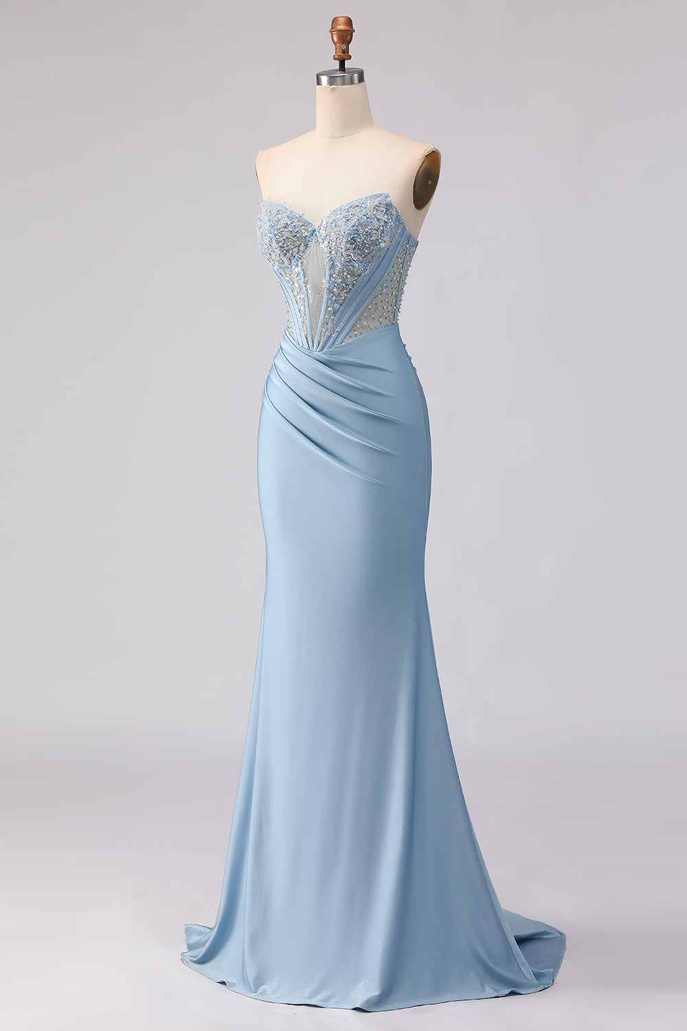 Sky Blue Mermaid Satin Beaded Strapless Long Corset Prom Dress