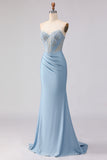 Sky Blue Mermaid Satin Beaded Strapless Long Corset Prom Dress