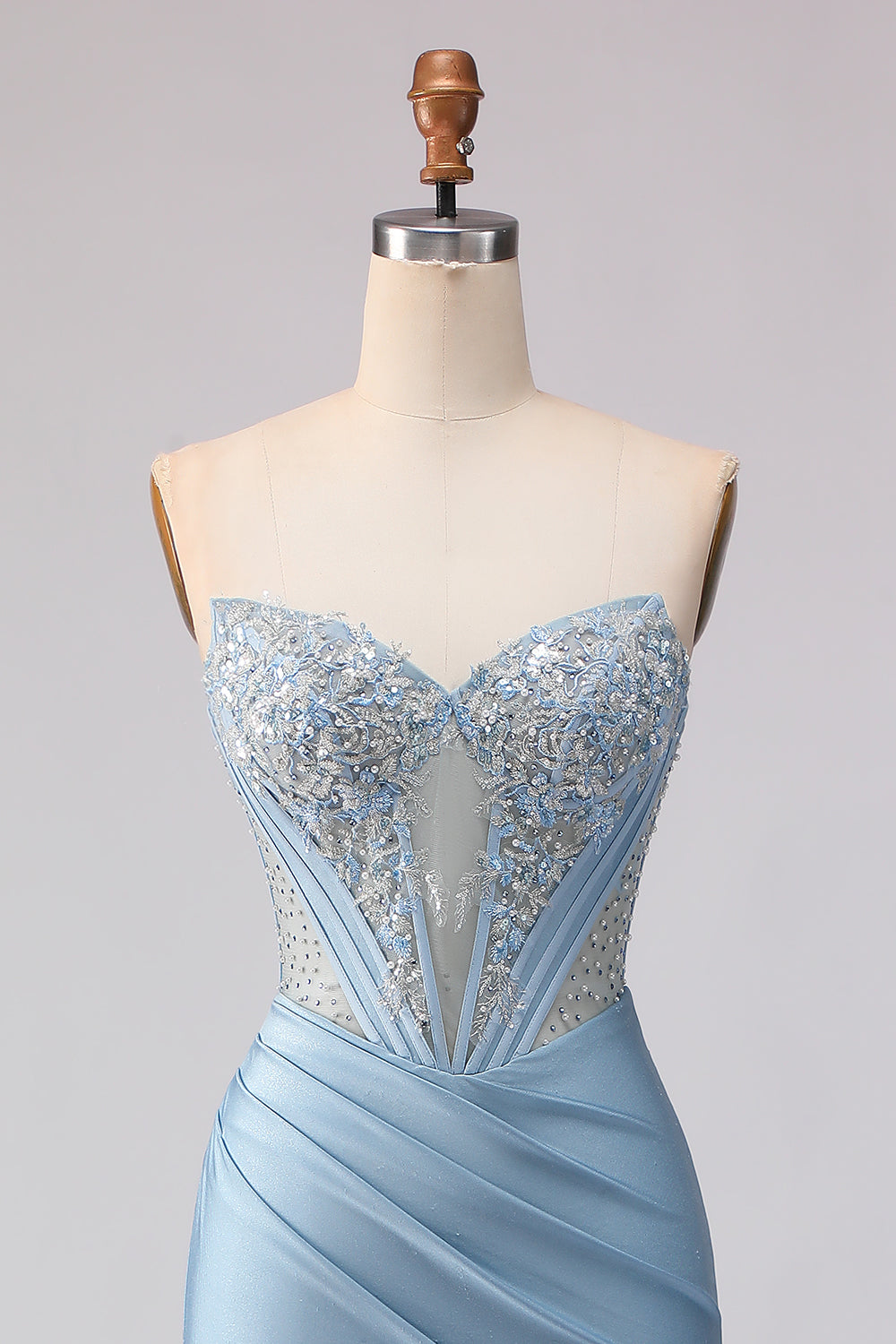 Sky Blue Mermaid Satin Beaded Strapless Long Corset Prom Dress