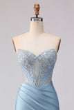Sky Blue Mermaid Satin Beaded Strapless Long Corset Prom Dress
