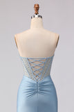 Sky Blue Mermaid Satin Beaded Strapless Long Corset Prom Dress