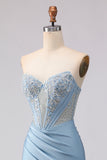 Sky Blue Mermaid Satin Beaded Strapless Long Corset Prom Dress