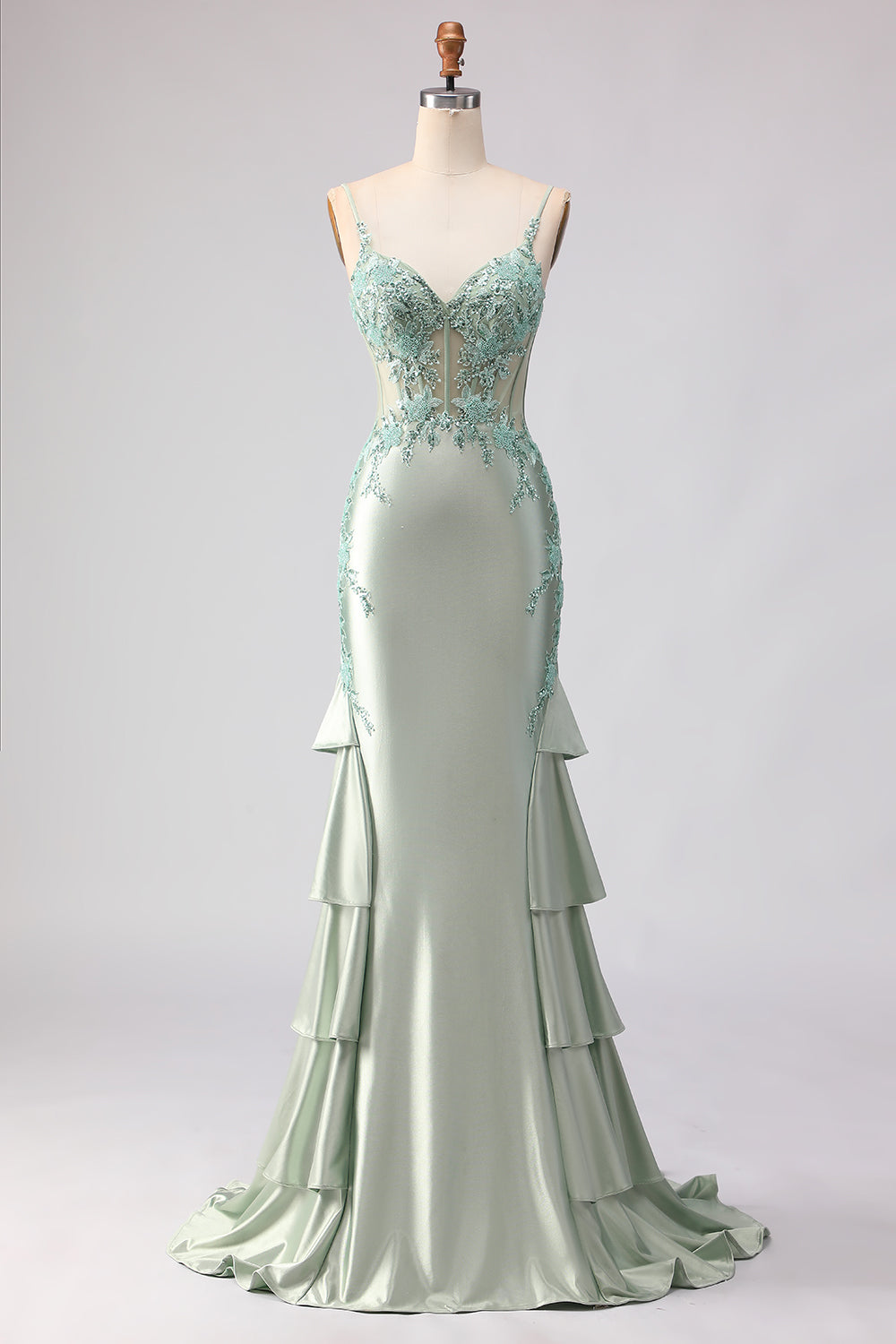 Floral Light Green Mermaid Beaded Long Corset Prom Dress with Ruffles