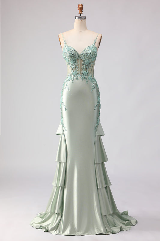 Floral Light Green Mermaid Beaded Long Corset Prom Dress with Ruffles