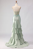 Floral Light Green Mermaid Beaded Long Corset Prom Dress with Ruffles