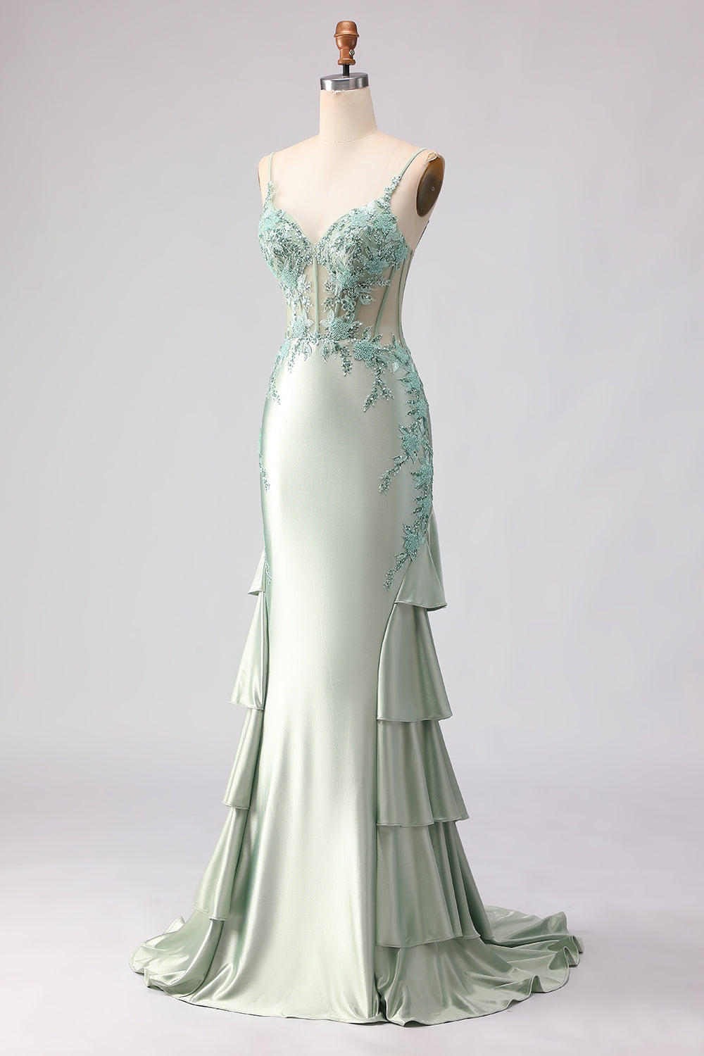 Floral Light Green Mermaid Beaded Long Corset Prom Dress with Ruffles