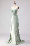 Floral Light Green Mermaid Beaded Long Corset Prom Dress with Ruffles