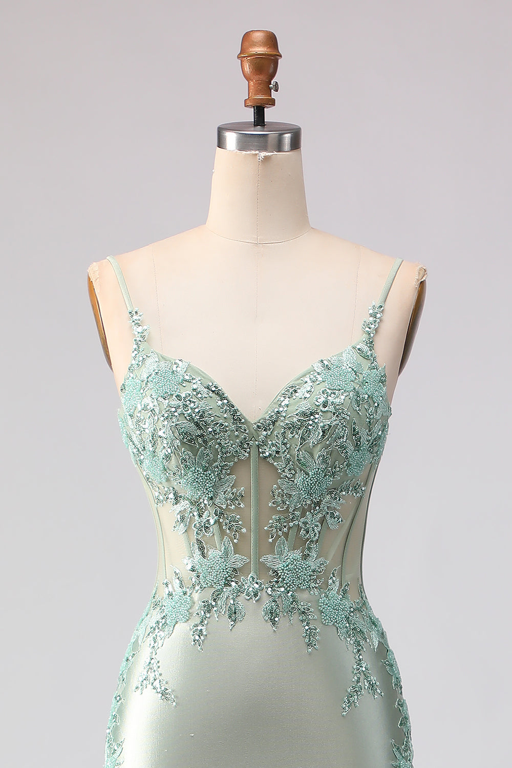 Floral Light Green Mermaid Beaded Long Corset Prom Dress with Ruffles