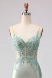 Floral Light Green Mermaid Beaded Long Corset Prom Dress with Ruffles