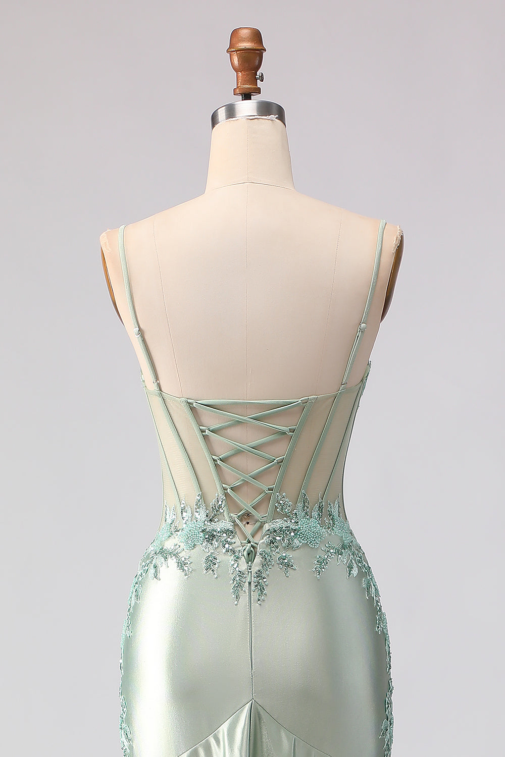 Floral Light Green Mermaid Beaded Long Corset Prom Dress with Ruffles