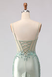 Floral Light Green Mermaid Beaded Long Corset Prom Dress with Ruffles