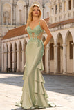 Floral Light Green Mermaid Satin Ruffled Long Corset Prom Dress