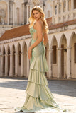 Floral Light Green Mermaid Satin Ruffled Long Corset Prom Dress