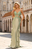 Floral Light Green Mermaid Satin Ruffled Long Corset Prom Dress