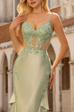 Floral Light Green Mermaid Satin Ruffled Long Corset Prom Dress