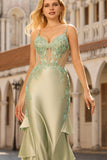 Floral Light Green Mermaid Satin Ruffled Long Corset Prom Dress
