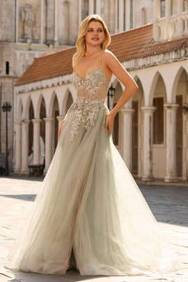 Sage Green Floral Lace Beaded Tulle Long Corset Prom Dress with Slit