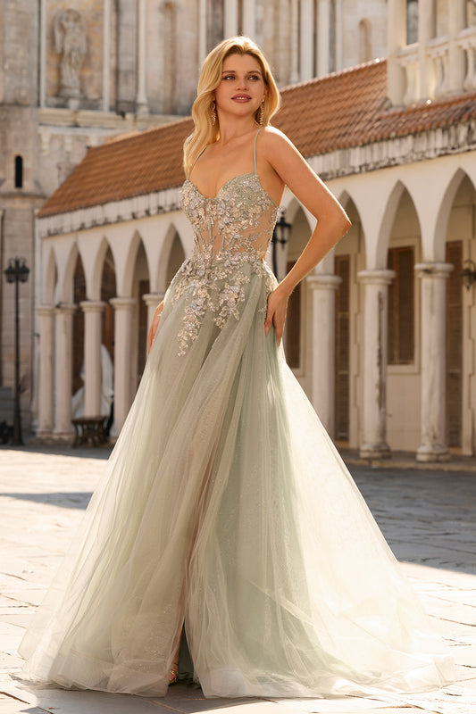 Sage Green Floral Lace Beaded Tulle Long Corset Prom Dress with Slit