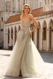 Plus Size Sage Green Floral Lace Beaded Tulle Long Corset Prom Dress with Slit