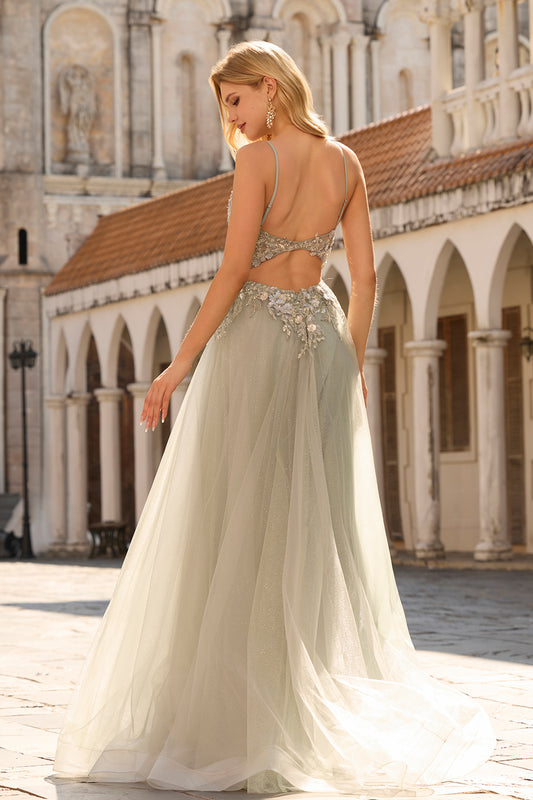 Sage Green Floral Lace Beaded Tulle Long Corset Prom Dress with Slit
