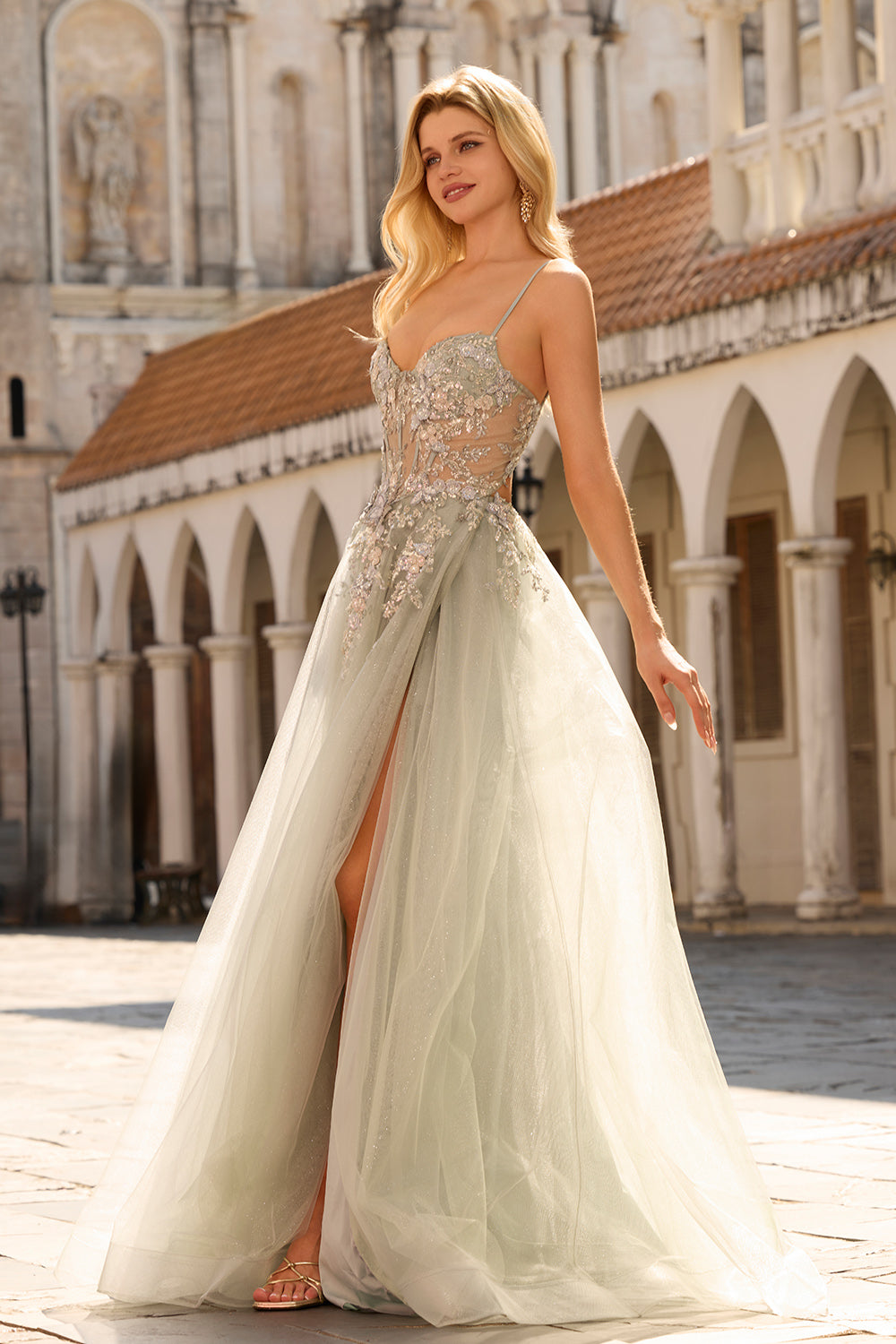 Sage Green Floral Lace Beaded Tulle Long Corset Prom Dress with Slit