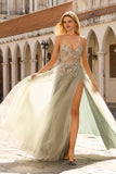 Sage Green Floral Lace Beaded Tulle Long Corset Prom Dress with Slit