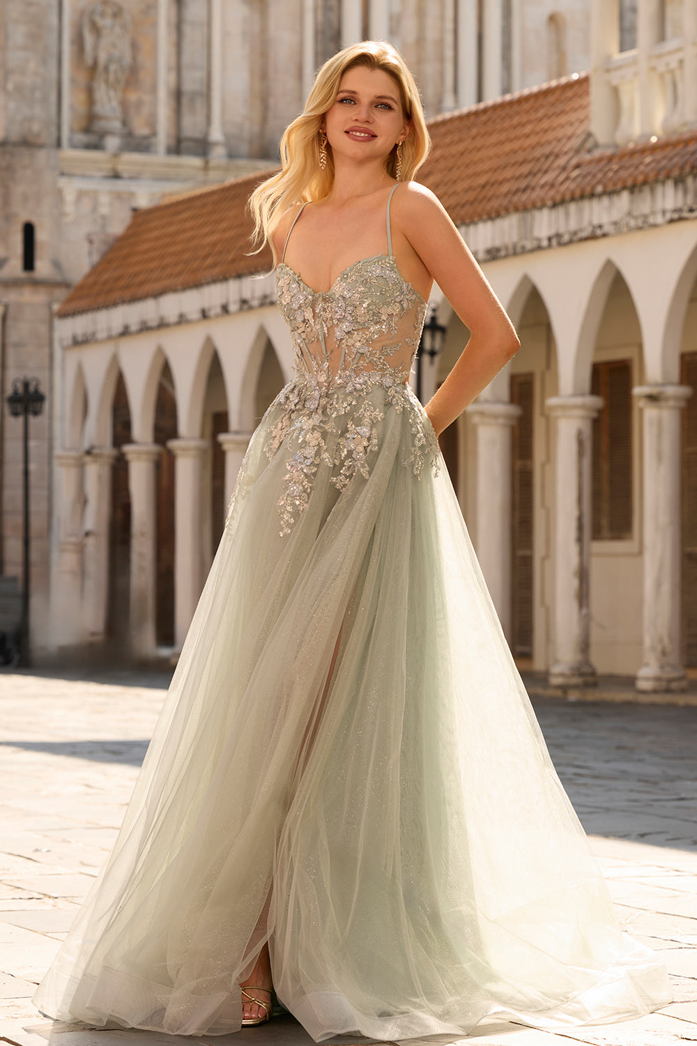 Sage Green Floral Lace Beaded Tulle Long Corset Prom Dress with Slit