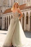 Sage Green Floral Lace Beaded Tulle Long Corset Prom Dress with Slit