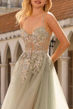 Sage Green Floral Lace Beaded Tulle Long Corset Prom Dress with Slit