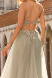 Sage Green Floral Lace Beaded Tulle Long Corset Prom Dress with Slit