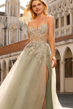 Sage Green Floral Lace Beaded Tulle Long Corset Prom Dress with Slit
