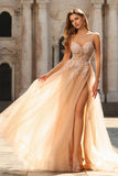 Floral Peach A Line Tulle Long Corset Prom Dress with Beading