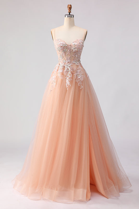Floral Peach A Line Tulle Long Corset Prom Dress with Beading