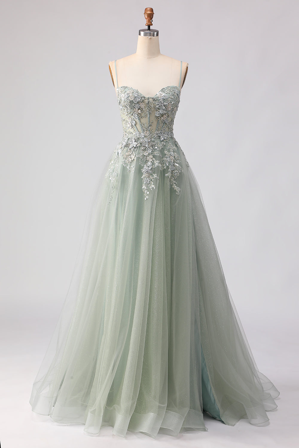 Floral Sage Green Tulle Lace Beaded Long Corset Prom Dress with Slit