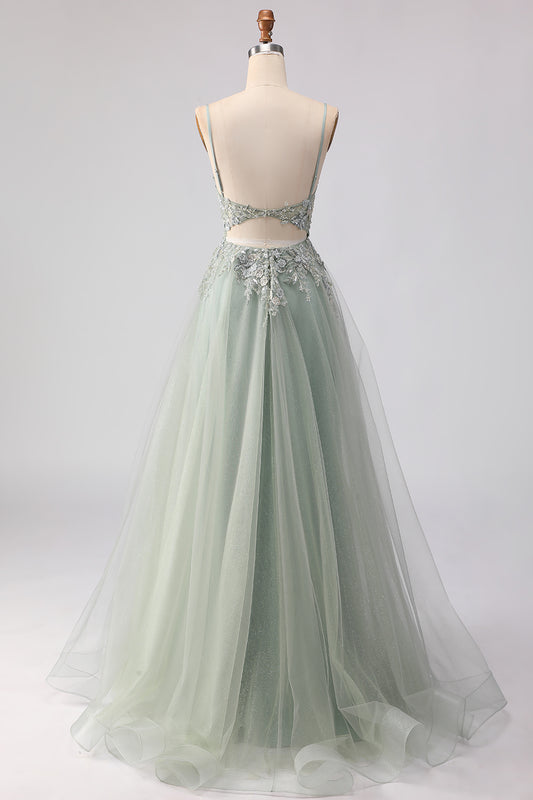 Floral Sage Green Tulle Lace Beaded Long Corset Prom Dress with Slit