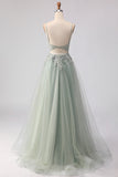 Floral Sage Green Tulle Lace Beaded Long Corset Prom Dress with Slit