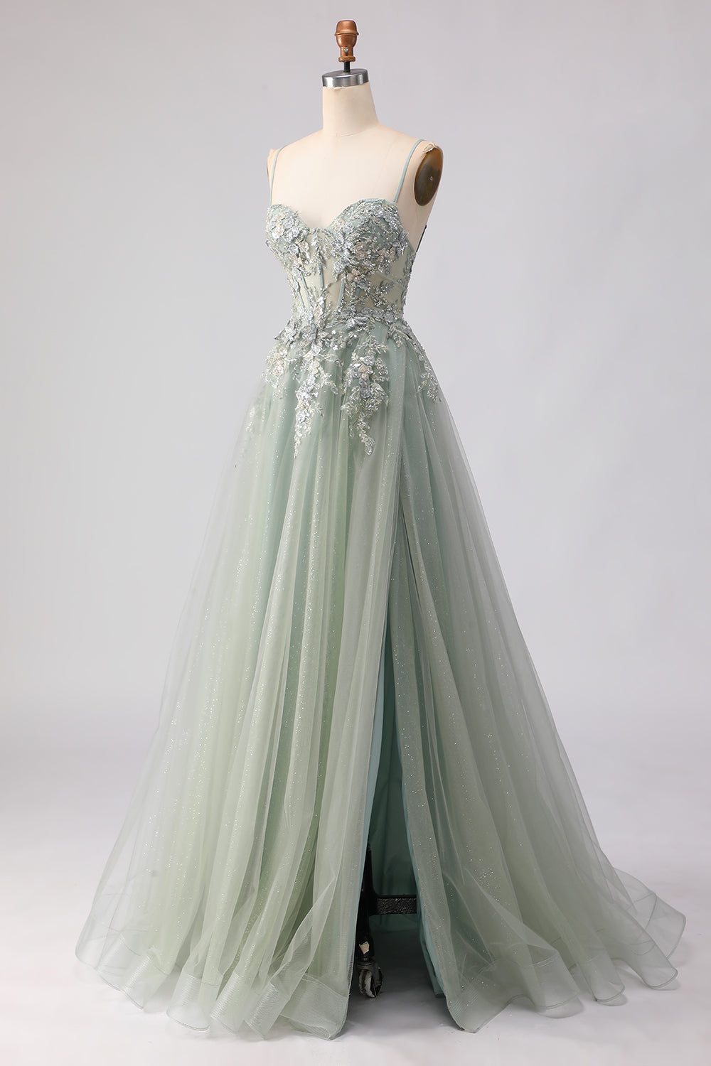 Floral Sage Green Tulle Lace Beaded Long Corset Prom Dress with Slit