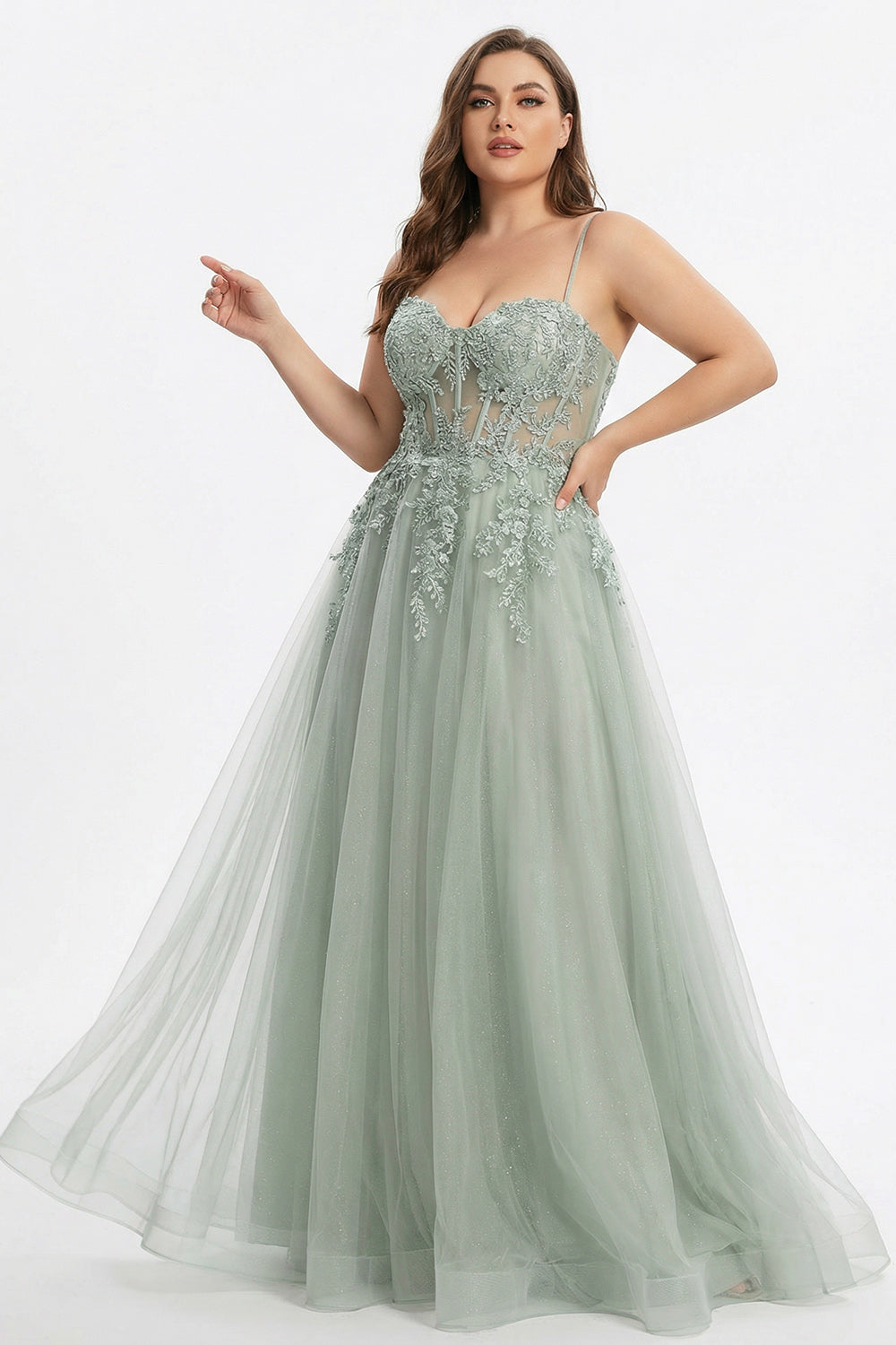 Plus Size Sage Green Floral Lace Beaded Tulle Long Corset Prom Dress with Slit