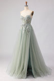 Floral Sage Green Tulle Lace Beaded Long Corset Prom Dress with Slit