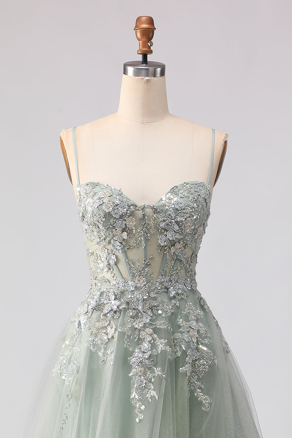 Floral Sage Green Tulle Lace Beaded Long Corset Prom Dress with Slit