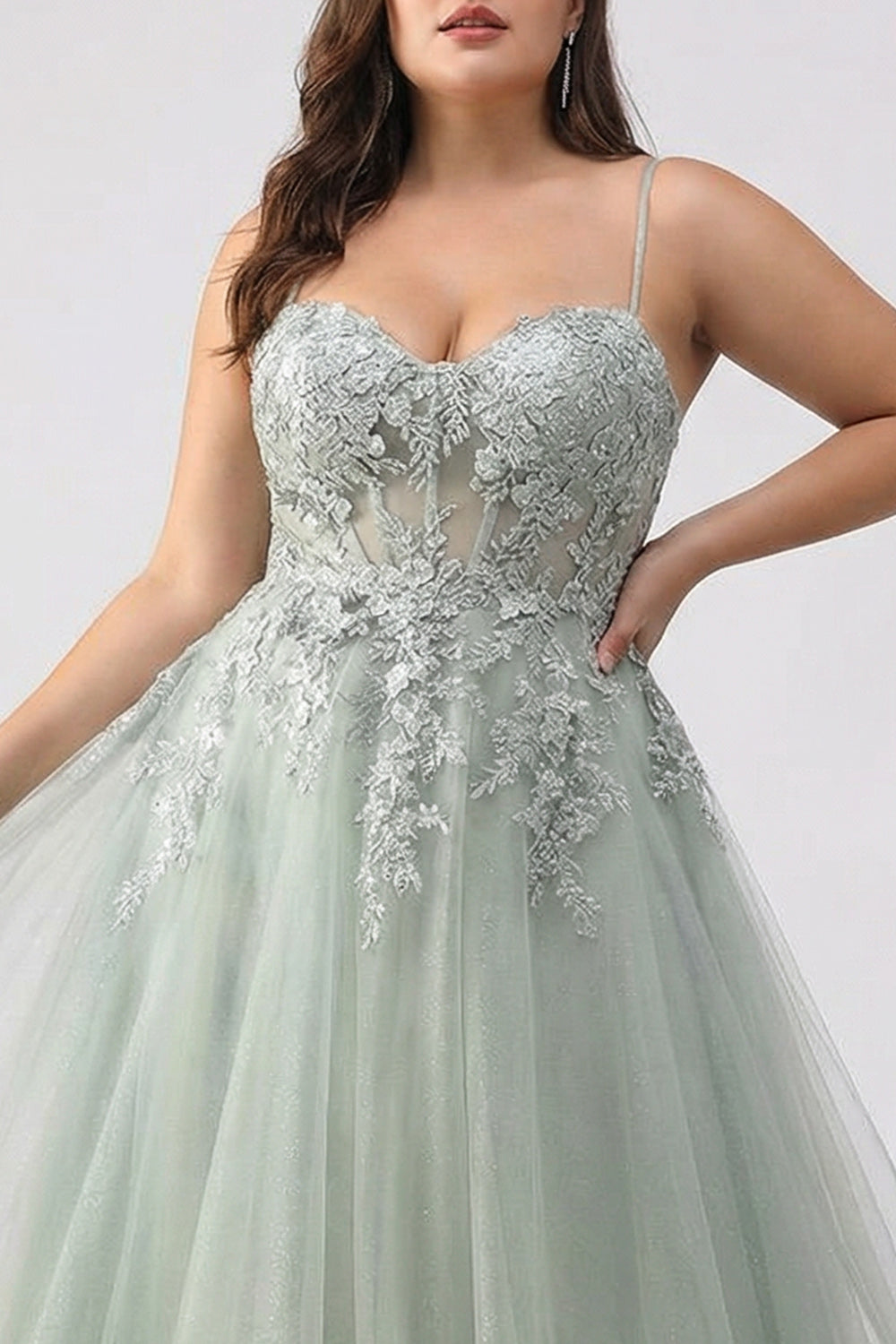 Plus Size Sage Green Floral Lace Beaded Tulle Long Corset Prom Dress with Slit