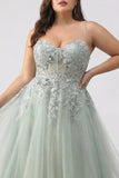 Plus Size Sage Green Floral Lace Beaded Tulle Long Corset Prom Dress with Slit