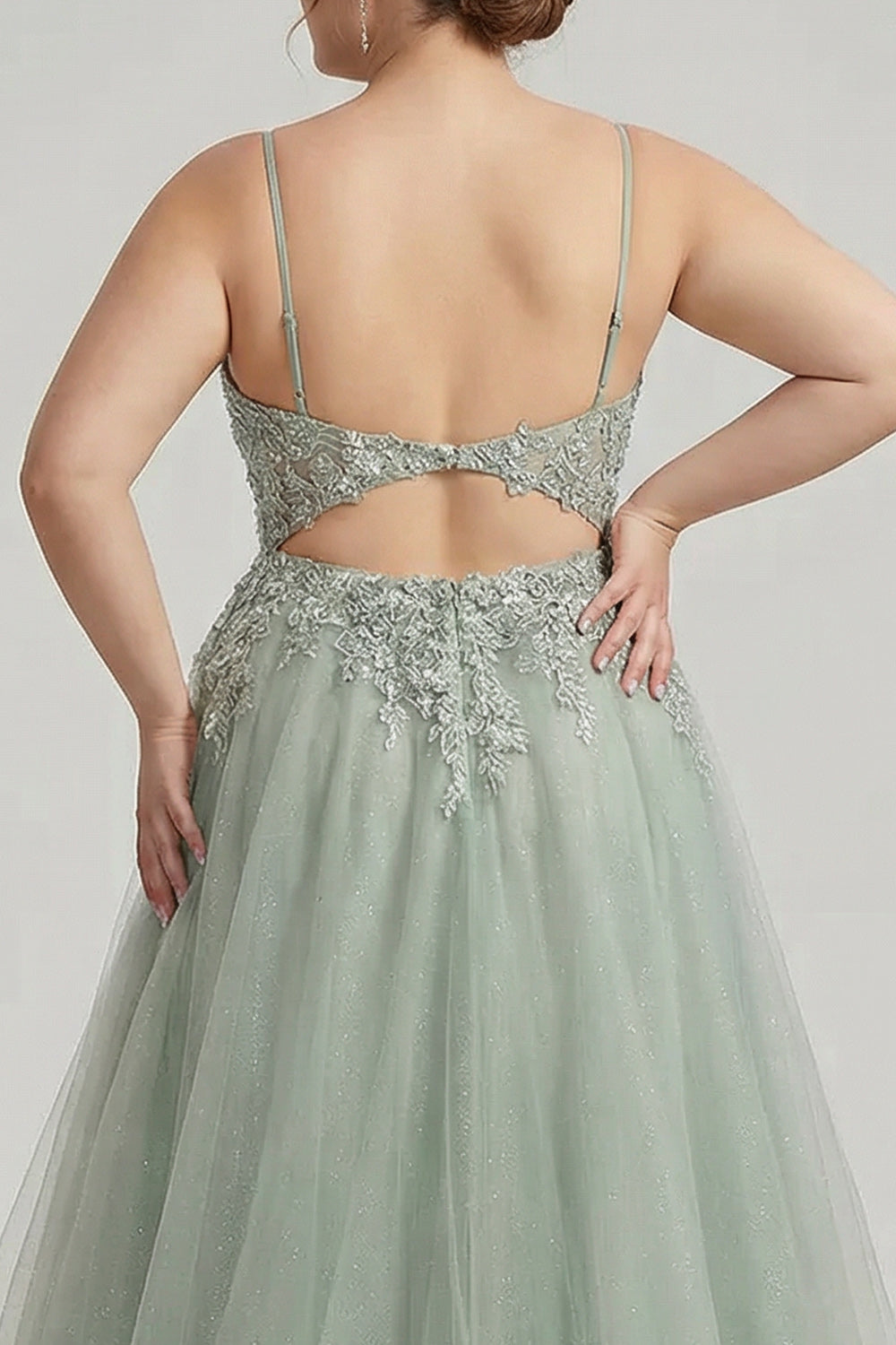 Plus Size Sage Green Floral Lace Beaded Tulle Long Corset Prom Dress with Slit
