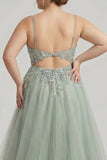 Plus Size Sage Green Floral Lace Beaded Tulle Long Corset Prom Dress with Slit