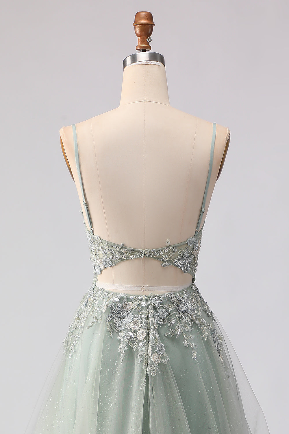 Floral Sage Green Tulle Lace Beaded Long Corset Prom Dress with Slit