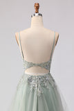 Floral Sage Green Tulle Lace Beaded Long Corset Prom Dress with Slit